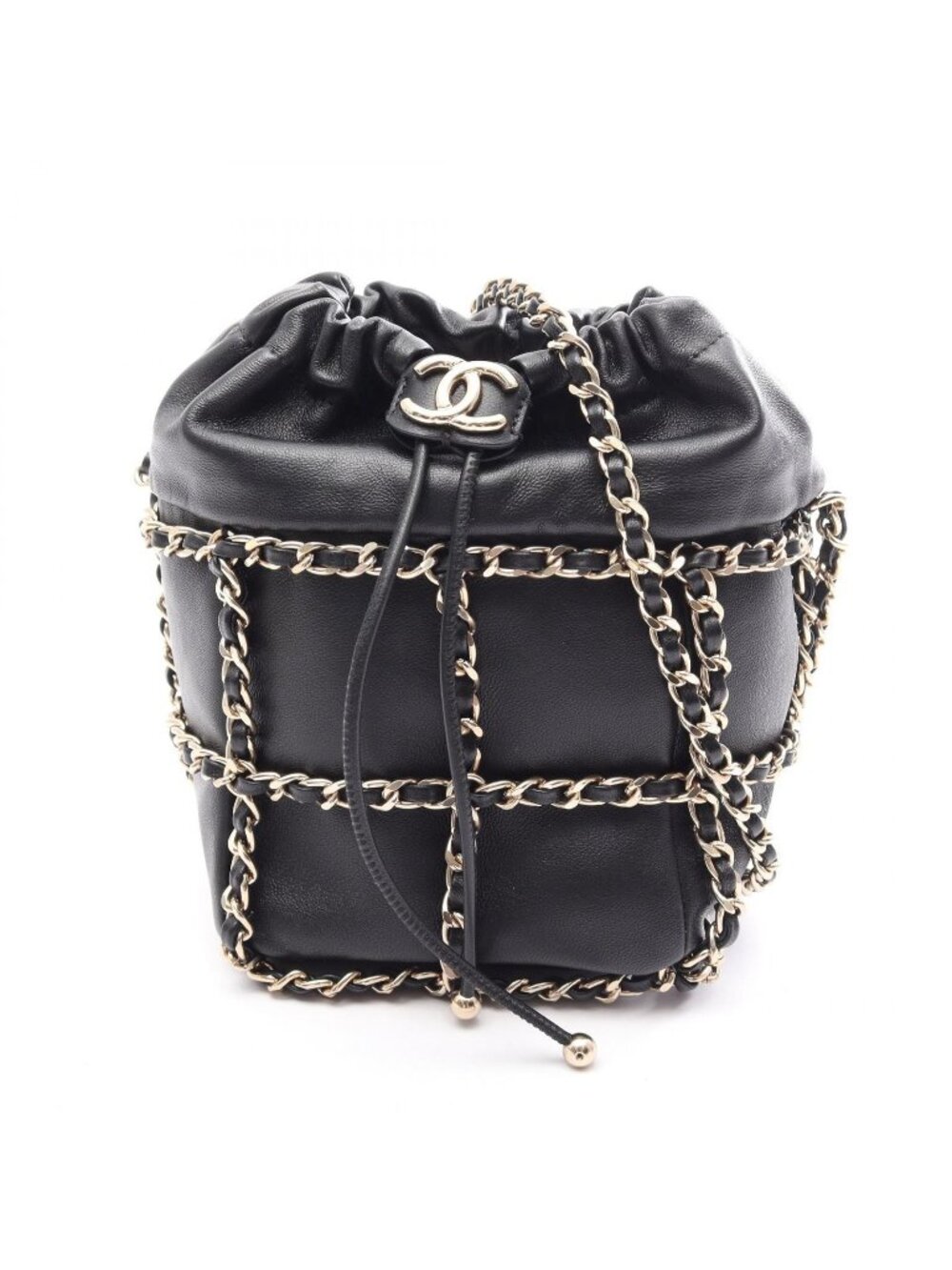 Chanel Shoulder Bag CC Logo Drawstring Black Lambskin Small